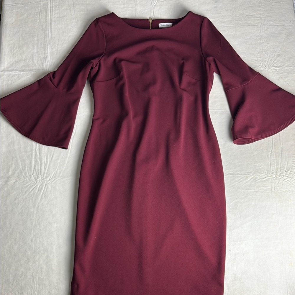 Calvin Klein Women's Burgundy Bell Sleeve Back Zip Dress Size 12